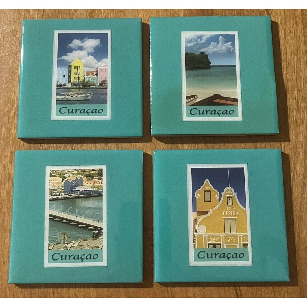 Coaster Set of 4 CURACAO Caribbean Island Green Cork Travel Souvenir Beach Ocean